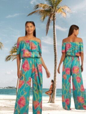 $378 Trina Turk Womens Pink Floral Off The Shoulder Feverish Jumpsuit Size 4